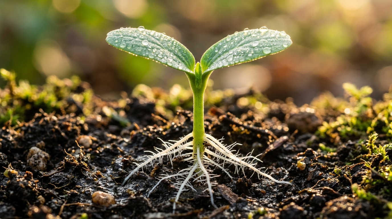 Vigorous seedling sprouting out of fertile soil with deep healthy white root system